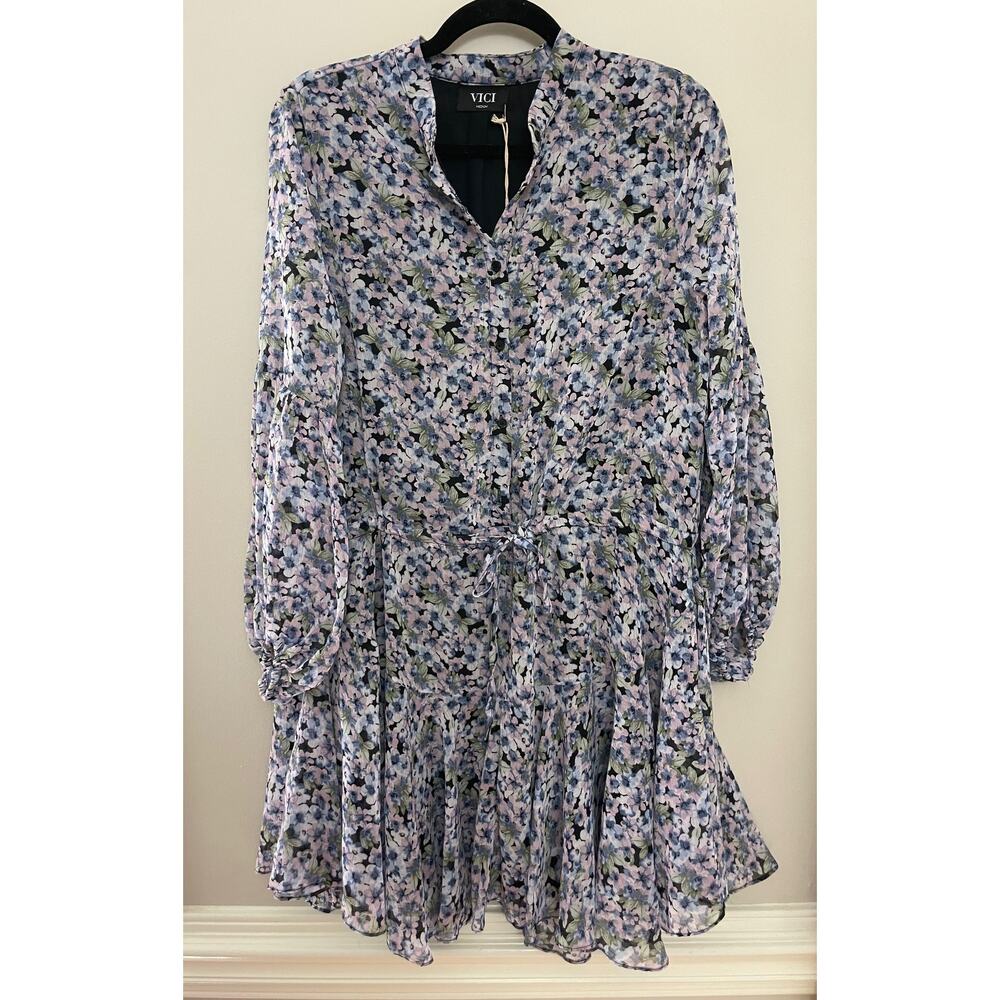 NWT VICI Francine Feminine Floral Modern Tie Waist Balloon Sleeve Dress M - Picture 2 of 15